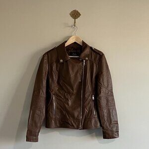 NWT Coalition LA Brown Vegan Leather Moto Jacket Large Structured Fall